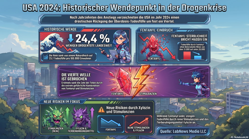 USA: Zahl der Drogentoten im Jahr 2024 drastisch gesunken. Credits: LabNews Media LLC