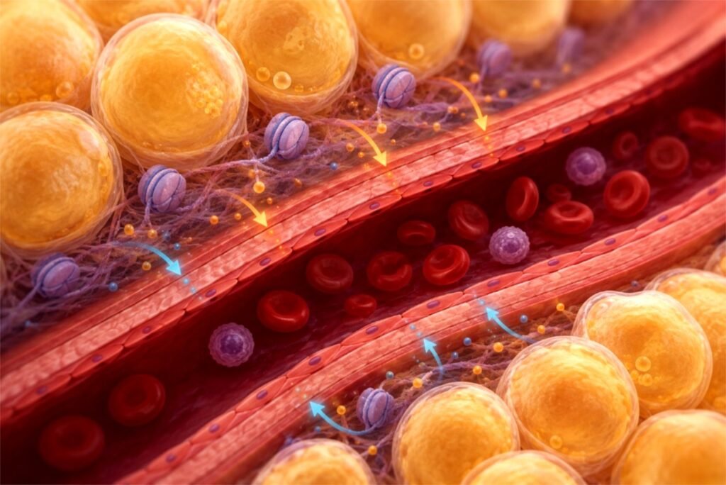Das KI-generierte Bild zeigt ein Blutgefäß (rot), Fettzellen (gelb) und die Proteine, die die DNA verpacken (lila). Blaue und gelbe Pfeile markieren die chemischen Signale, die zwischen der Fettschicht und der Gefäßwand ausgetauscht werden. (Bild: Francesco Paneni, UZH, generiert mit Chat GPT-5.5)