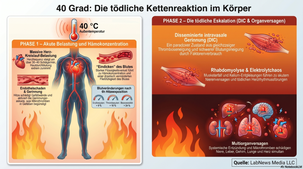 • LabNews AI Infografía sobre la reacción en cadena de 40 °C en el cuerpo: izquierda, fase 1 con carga cardiovascular; derecha, fase 2 con coagulación y fallo orgánico.