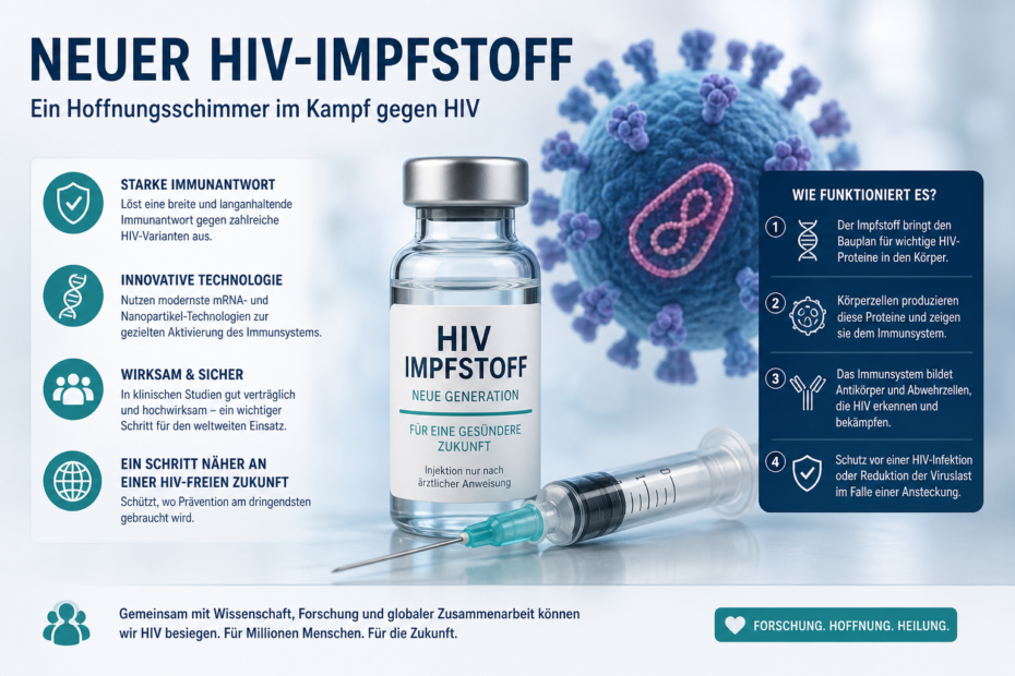 Infográfico sobre uma nova vacina contra o HIV com um frasco rotulado como HIV Impstoff e seringa de vacina, além de seções sobre benefícios e como funciona (texto em alemão).