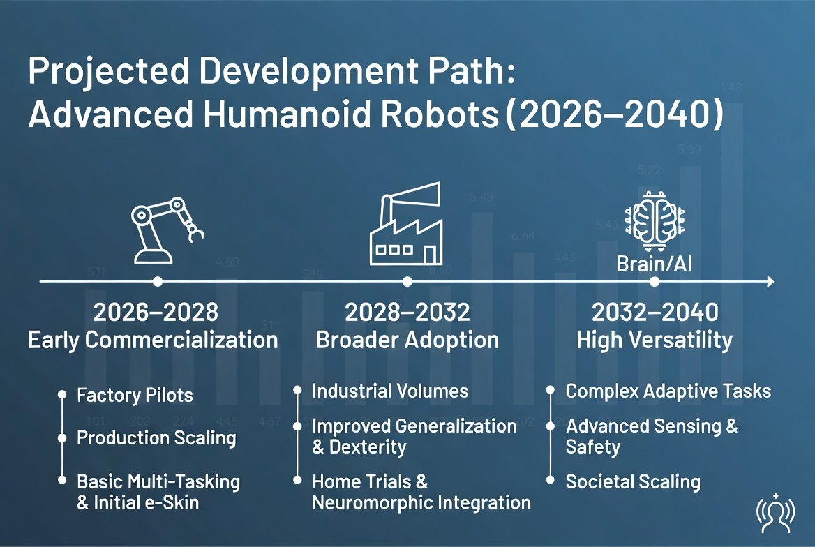 Roadmap for Advanced Humanoid Robots 20262040 with milestones Early Commercialization Broader Adoption and High Versatility