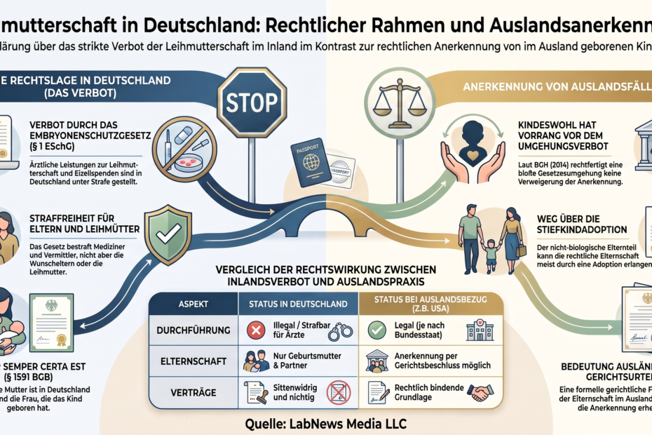 • LabNews AI Infografik erklärt den rechtlichen Rahmen und die Auslandserkennung von Leihmutterschaft in Deutschland mit Symbolen wie STOP Waage und Pass sowie erläuternden Textblöcken