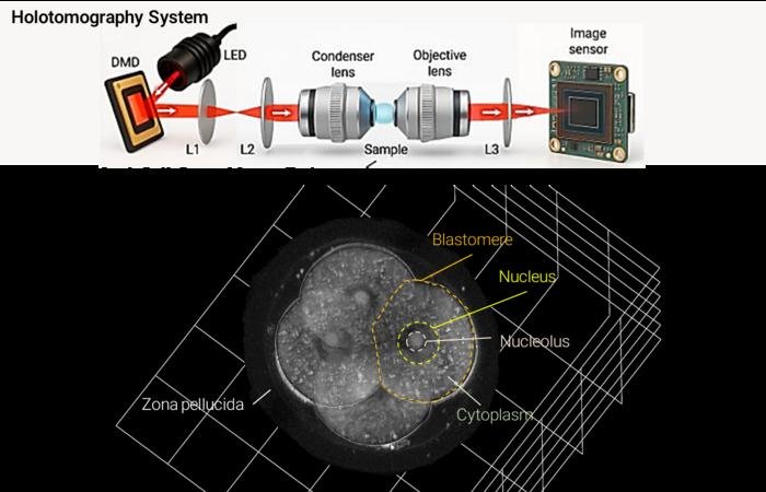 • LabNews AI Holotomography system schematic with a laser path and lenses above and a 3D rendered cell below labeled blastomere nucleus nucleolus cytoplasm surrounded by zona pellucida
