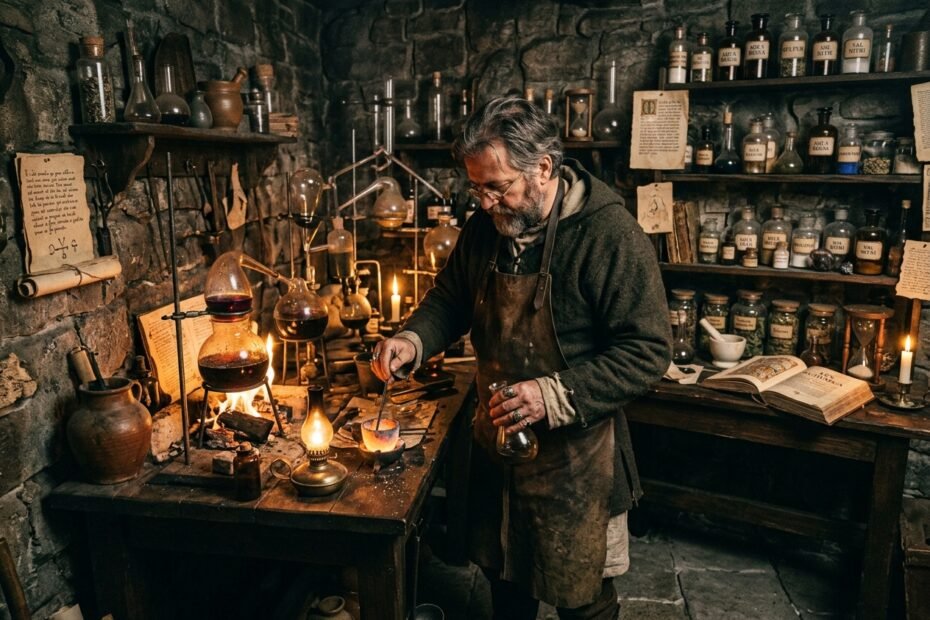 An old alchemist or blacksmith in a stone-walled workshop, stirring a glowing glass vessel on a lit bench surrounded by bottles and jars.