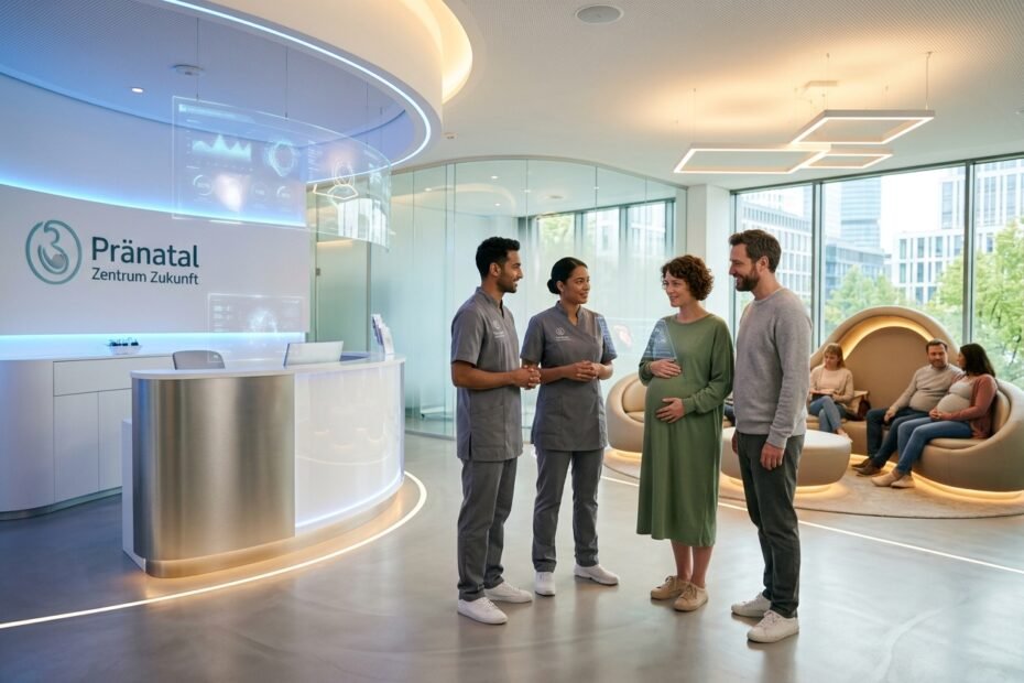 • LabNews IA Sala de espera de uma clínica de pré-natal com dois profissionais de saúde conversando com uma mulher grávida e seu parceiro, mesa moderna e curva e paredes de vidro em um saguão iluminado