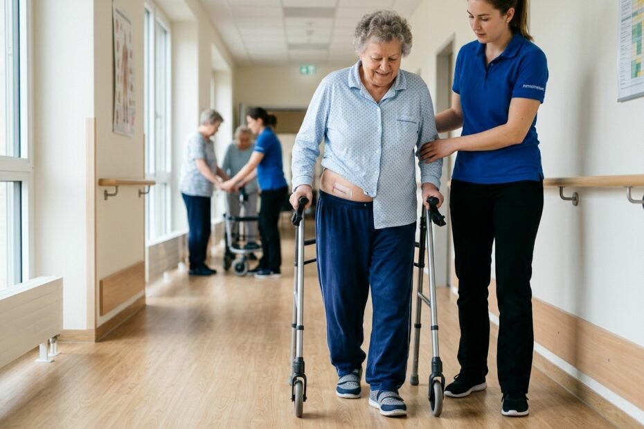 • أخبار المختبر بالذكاء الاصطناعي امرأة مسنة تستخدم مشاية دوارة بينما يرشدها مقدم رعاية في ممر مشرق في مرفق رعاية