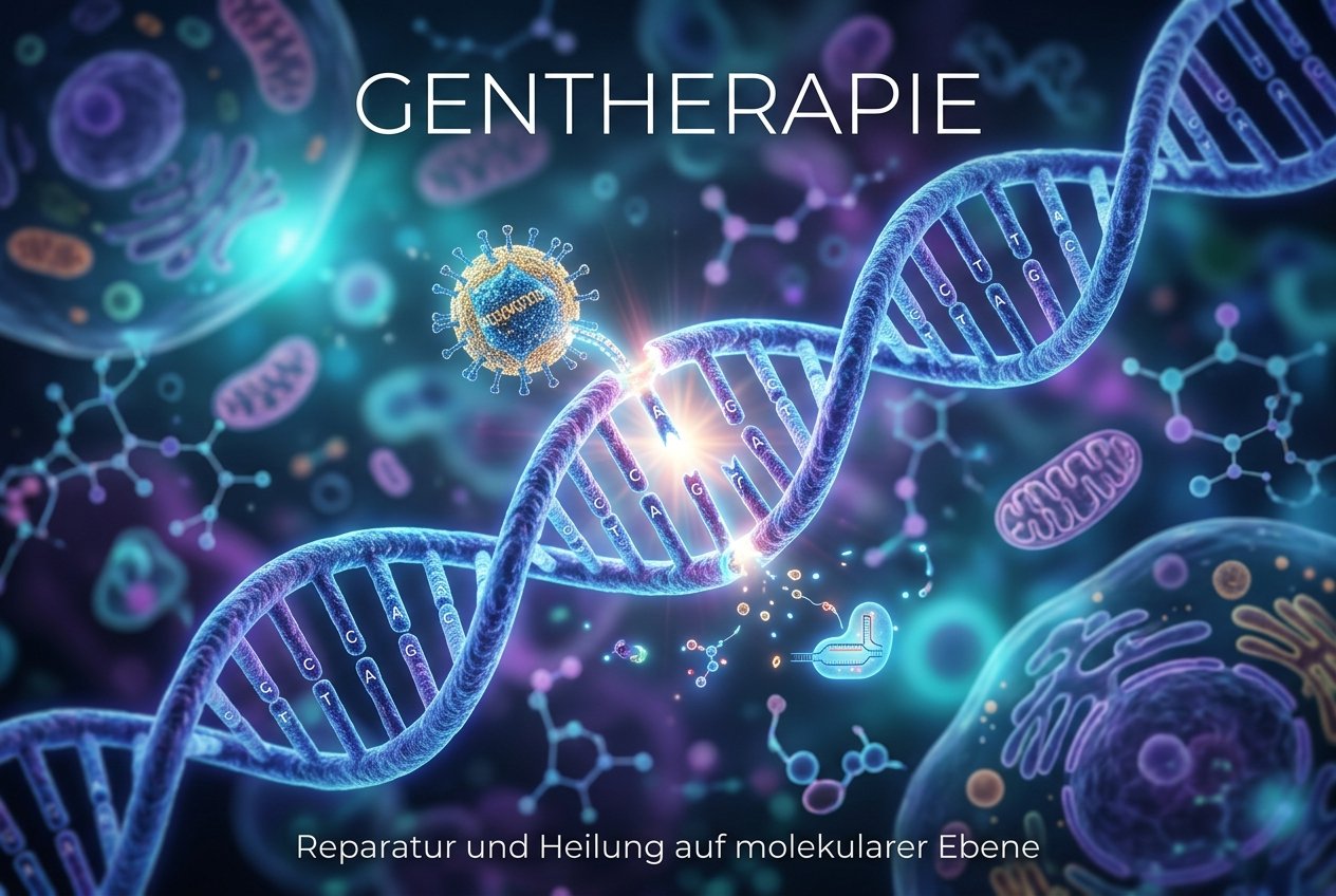 Blue DNA double helix amid a vibrant cellular background with the word GENTHERAPIE at the top and the subtitle Reparatur und Heilung auf molekularer Ebeneillustration of gene therapy concept