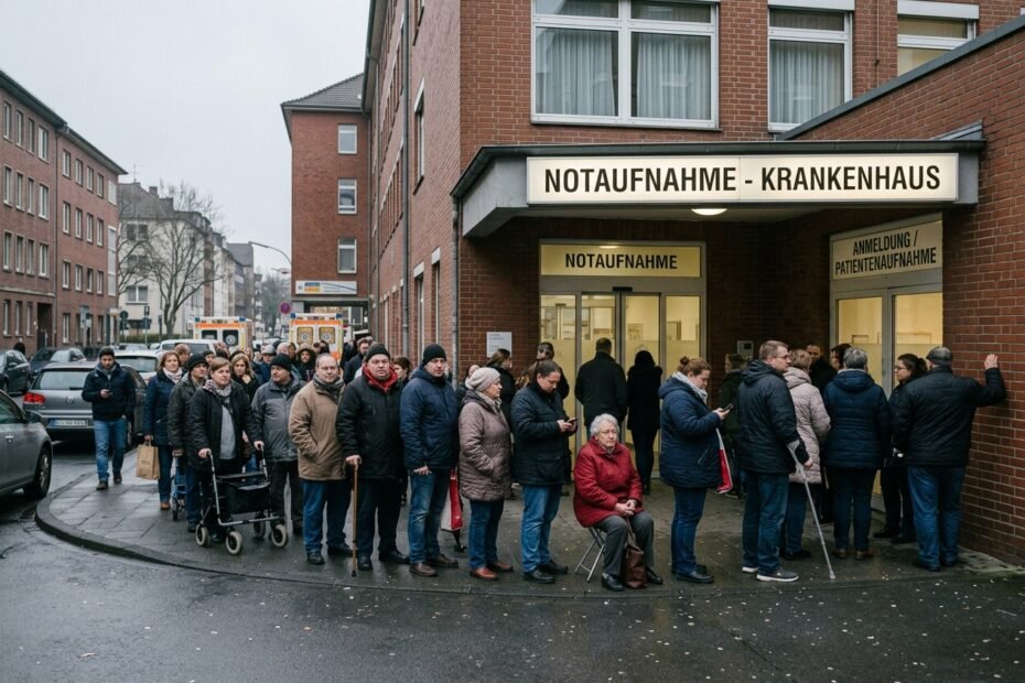 Übergewicht kann zu Krebs führen. Symbolbild. Credits: LabNews Media LLC • LabNews AI People wait in a long queue outside a German hospital emergency department Notaufnahme entrance on a wet street some wear winter coats and use canes or walkers