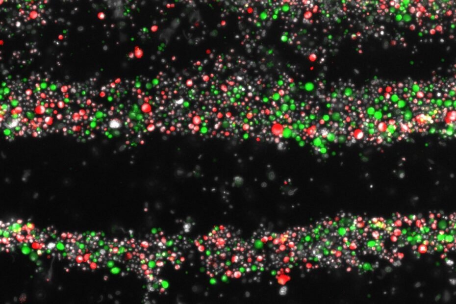 Abstract visualization of a DNA-like double helix with red and green spheres along the strands on a black background.