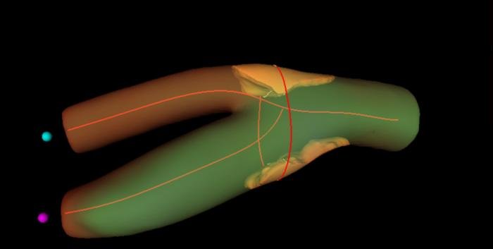 • LabNews AI 3D biomechanical model of two curved tubes orange and teal joined at a central joint with red outlines and yellow highlighted internal structures small cyan and magenta markers appear at left
