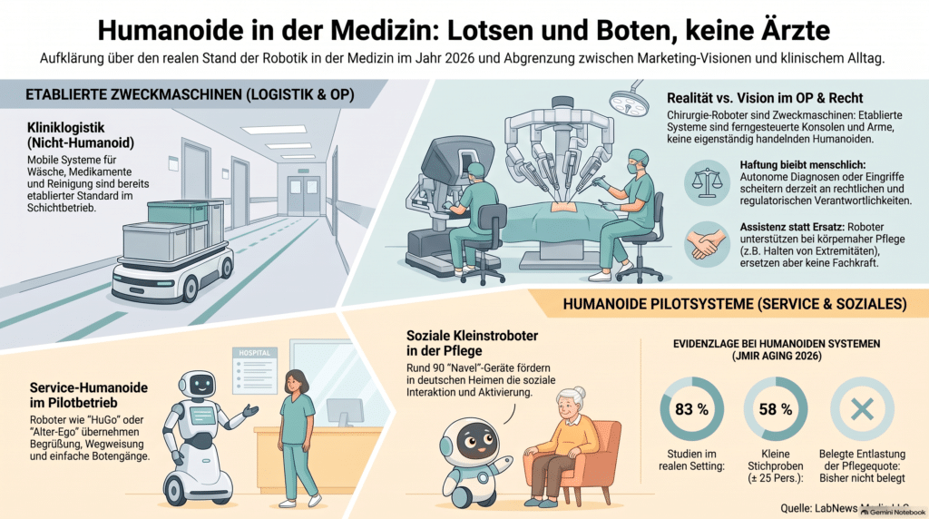 Infographic about humanoids in medicine robots in logistics surgery and care settings in 2026 illustrating roles and ethics