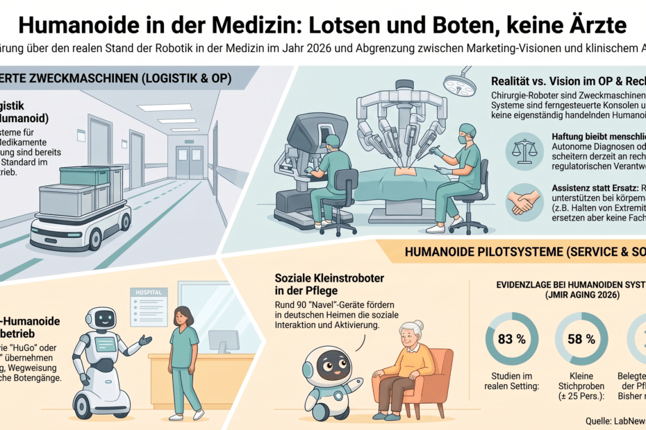 Infographic about humanoids in medicine robots in logistics surgery and care settings in 2026 illustrating roles and ethics
