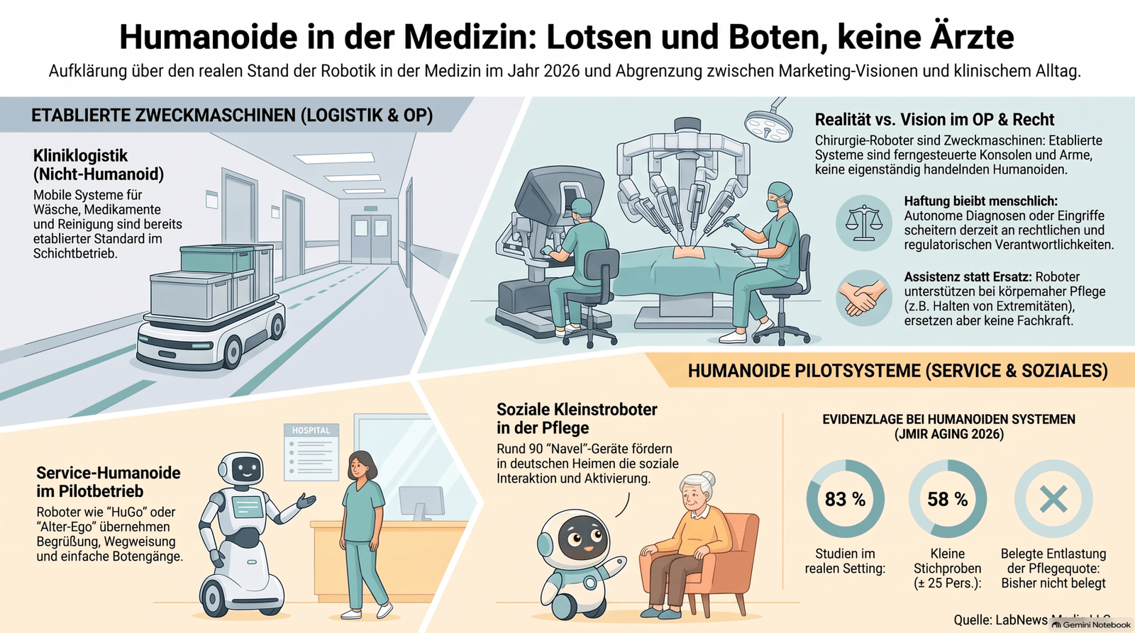 Infographic about humanoids in medicine robots in logistics surgery and care settings in 2026 illustrating roles and ethics
