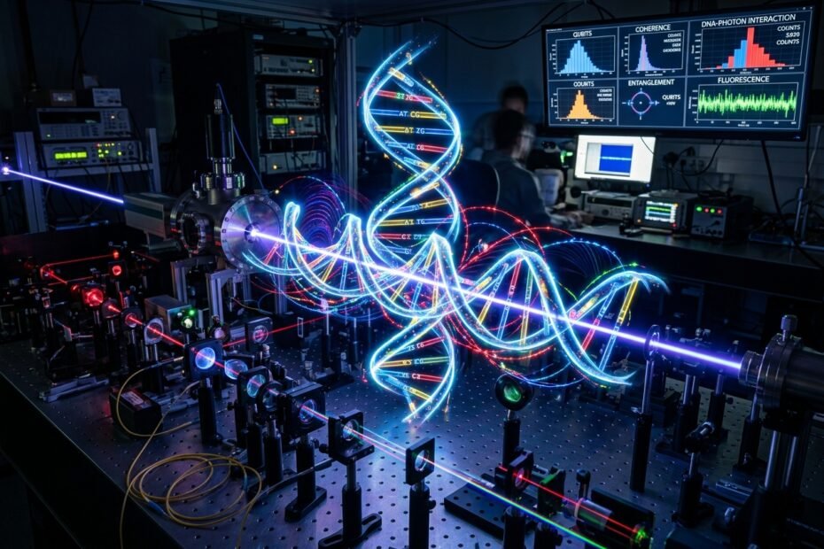 Laboratory setup with a glowing neon DNA helix and optical equipment on a bench monitors showing graphs in the background and researchers at work