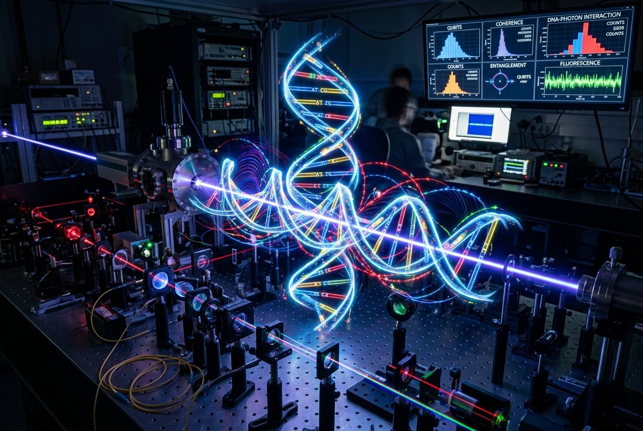 Laboratory setup with a glowing neon DNA helix and optical equipment on a bench monitors showing graphs in the background and researchers at work