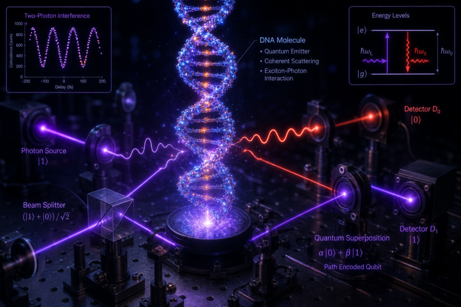 Quantum optics lab setup showing a DNA molecule photon paths beam splitter detectors D0 and D1 and energy diagram labels
