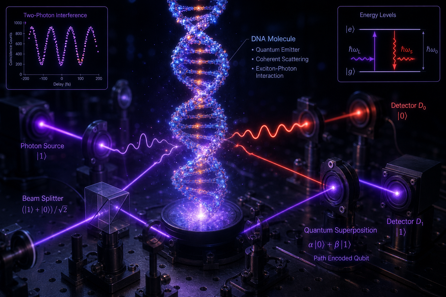 Quantum optics lab setup showing a DNA molecule photon paths beam splitter detectors D0 and D1 and energy diagram labels
