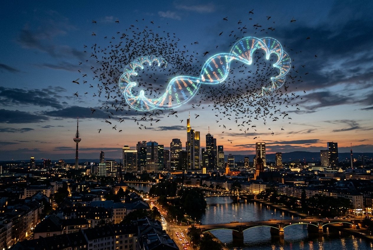 Nighttime city skyline with a glowing DNA double helix hovering above surrounded by birds