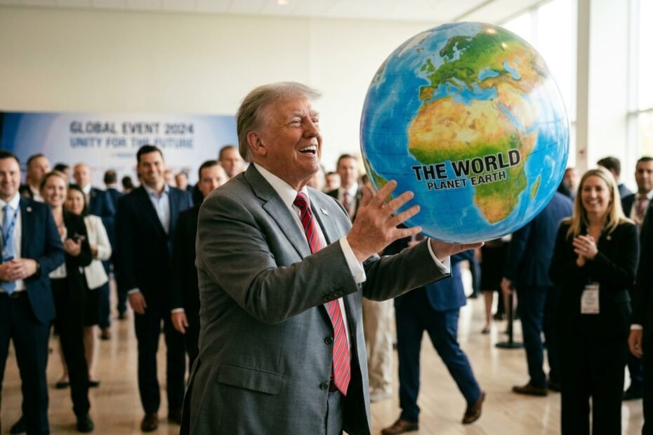 A man in a suit holds a large globe labeled THE WORLD PLANET EARTH at a conference with a crowd applauding in the background