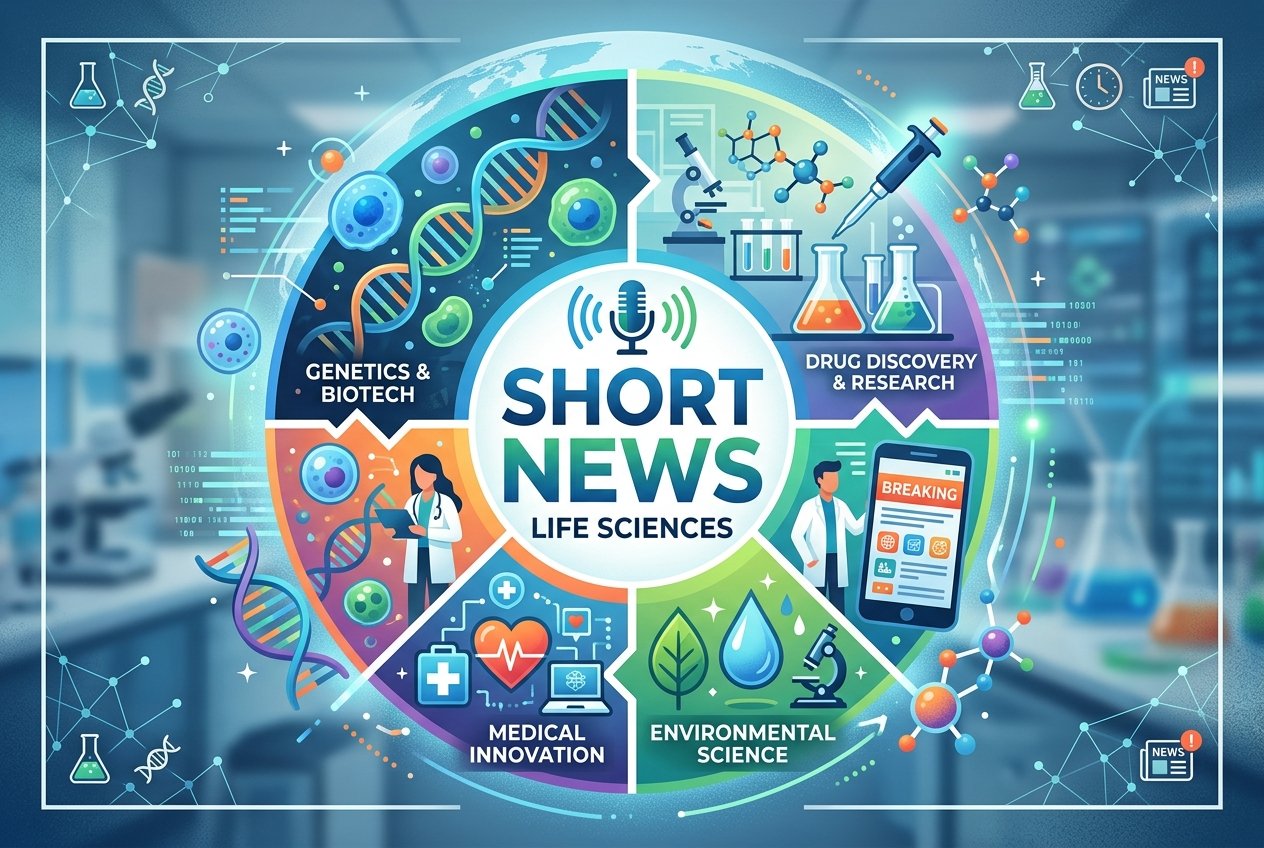 Circular life sciences infographic with a central SHORT NEWS label and sections for Genetics  Biotech Drug Discovery  Research Medical Innovation and Environmental Science surrounded by lab imagery