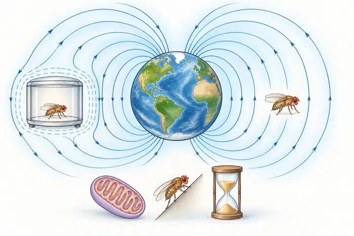 Illustration of Earths magnetic field lines surrounding the planet with several mosquitoes flying around bottom shows a container with a mosquito a pink bean like object a mosquito on a wedge and an hourglass as symbols of time