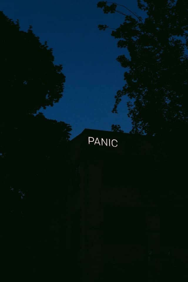 • LabNews AI Nighttime scene of a dark building with an illuminated PANIC sign on the roof framed by silhouetted trees against a blue sky