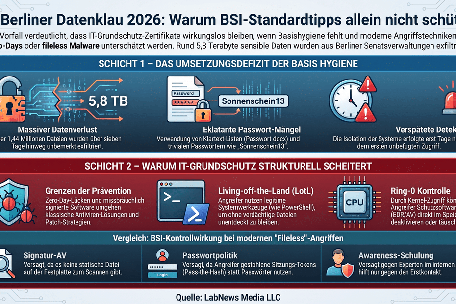 • LabNews AI Infografik zum Berliner Datendiebstahl 2026 Schutzlücken Passwortprobleme und verspätete Detektion in der Basis Hygiene Schicht 1