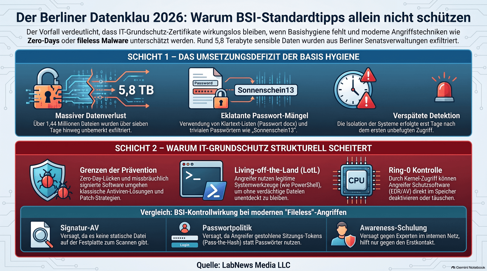 Infografik zum Berliner Datendiebstahl 2026 Schutzlücken Passwortprobleme und verspätete Detektion in der Basis Hygiene Schicht 1