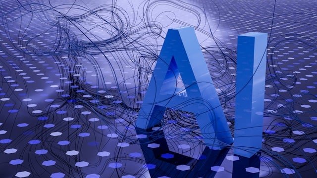 Blue 3D letters AI set against an abstract network of tangled wires and dotted grid representing artificial intelligence