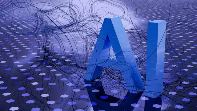 • LabNews AI Blue 3D letters AI set against an abstract network of tangled wires and dotted grid representing artificial intelligence