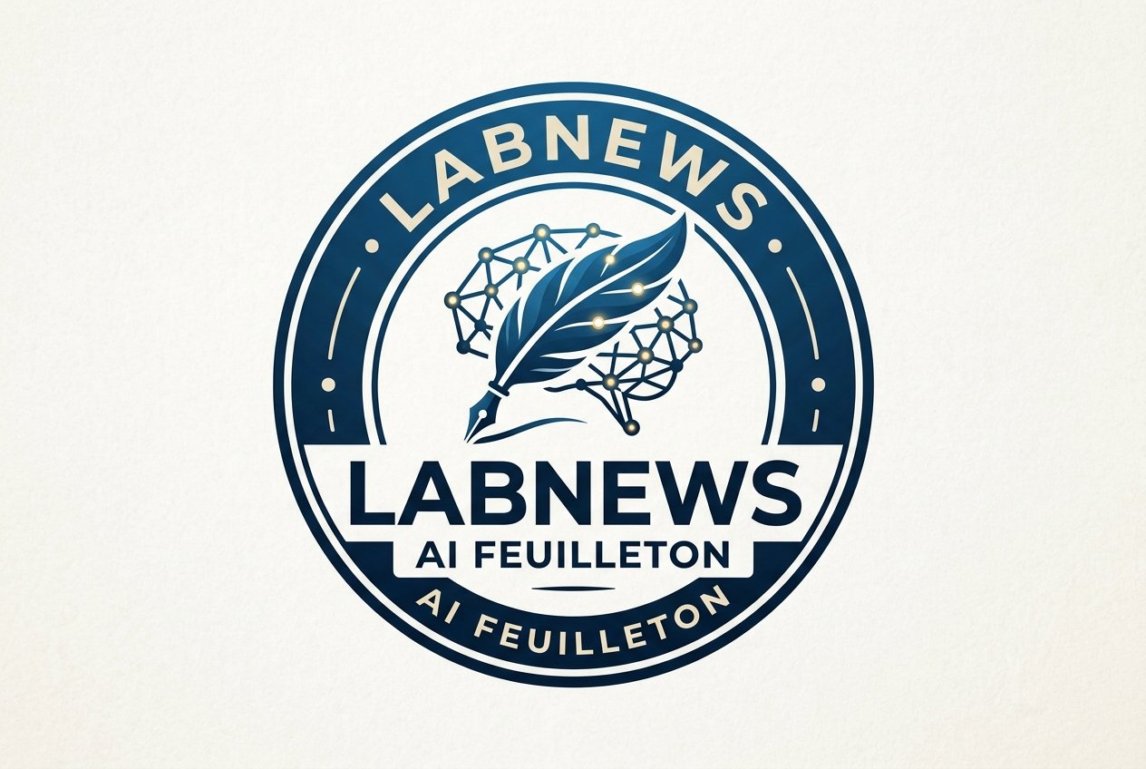 Circular LabNews logo featuring a brain network graphic with a feather quill and the text LABNEWS and AI FEUILLETON