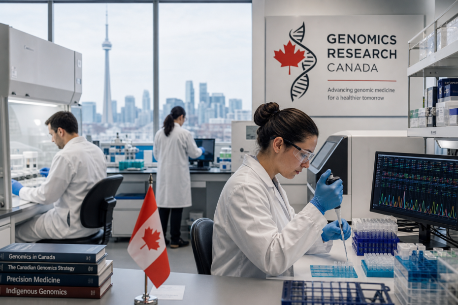 • LabNews AI Scientist in a white coat using a pipette in a genomics lab with a Canadian flag on the desk and a city skyline outside the window