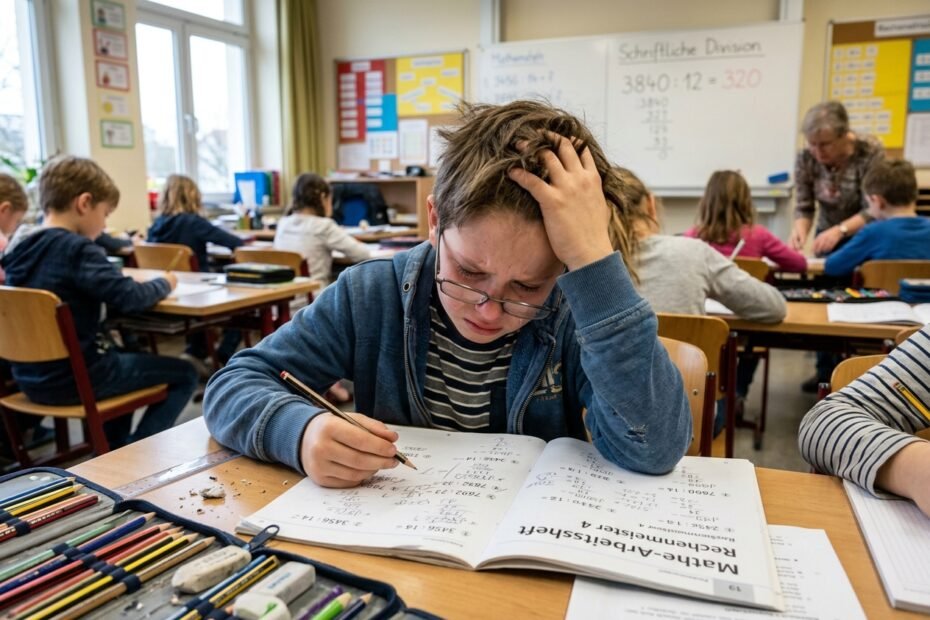 Boy wearing glasses at a school desk, hand on head, working on math problems in a busy classroom with peers nearby.