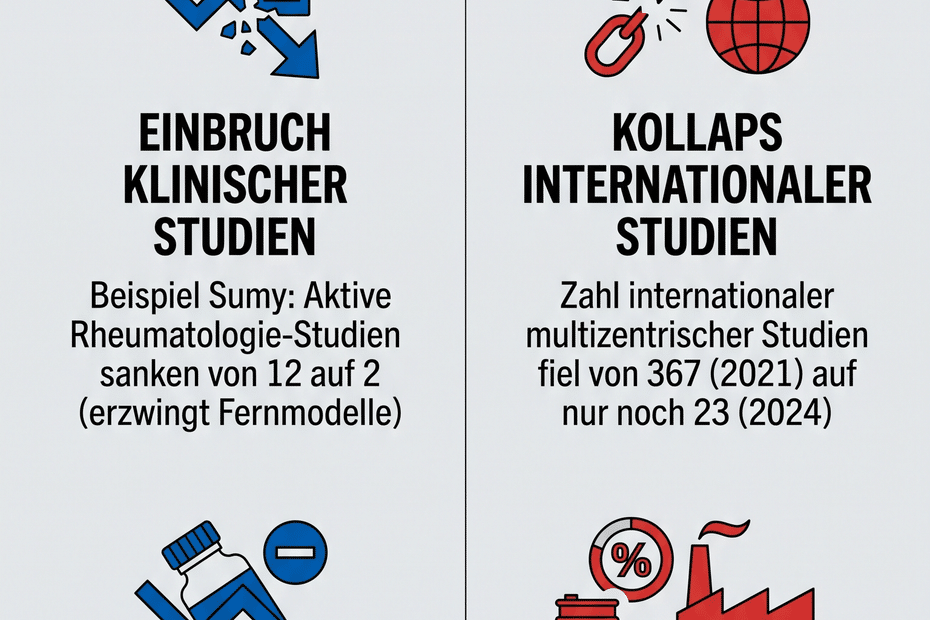 Infografik: Zwei-Spalten-Vergleich zu Medizin & Biotech im Krieg; Ukraine: Einbruch klinischer Studien; Russland: Kollaps internationaler Studien – Auswirkungen auf Forschung.