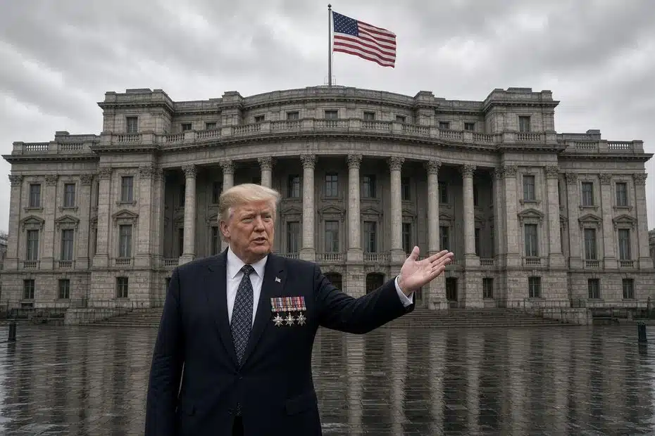 Кеудесінде медальдары бар қара костюм киген Николае Трамп, үстінде Америка туы желбіреген үлкен тастан жасалған үкімет ғимаратының алдындағы ылғалды алаңда тұрып, оң қолын көтеріп тұр.