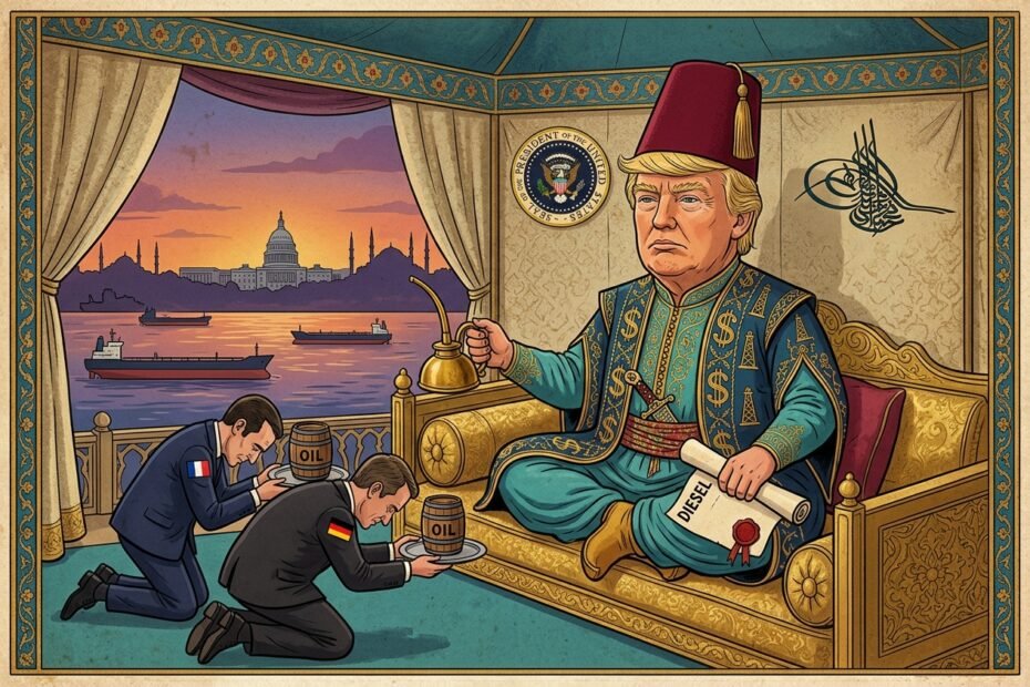Satirical illustration: a caricature of a man resembling Trump as a sultan on a gilded throne, receiving oil from kneeling diplomats with oil barrels nearby, overlooking a waterfront sunset and the U.S. Capitol in the distance.