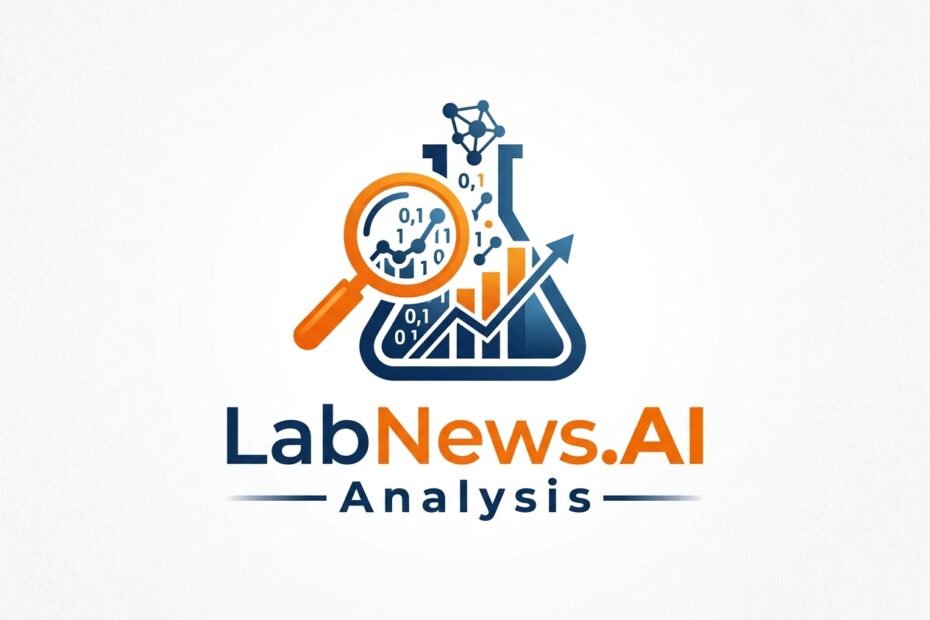 LabNewsAI Analysis logo with a stylized flask magnifying glass graphs and an upward trending arrow in blue and orange colors