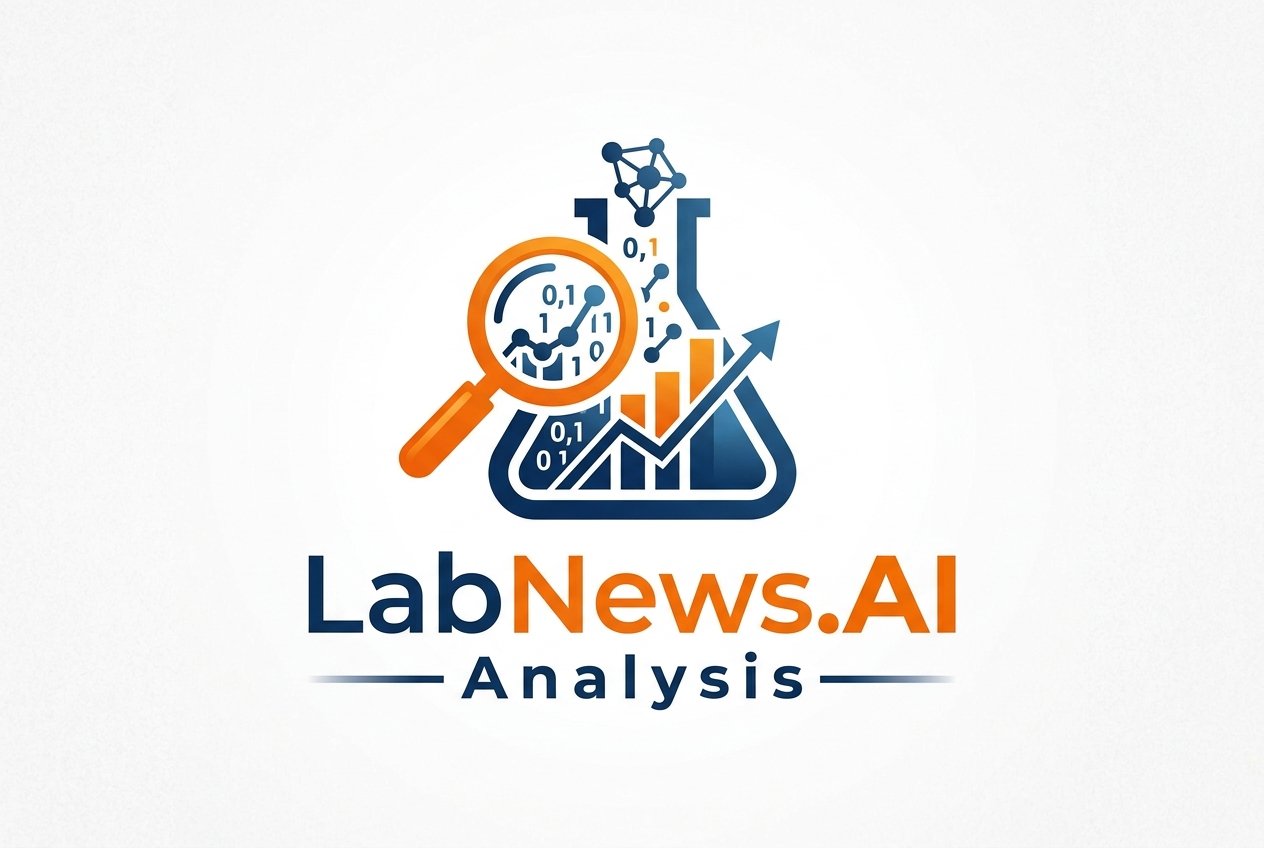 LabNewsAI Analysis logo with a stylized flask magnifying glass graphs and an upward trending arrow in blue and orange colors