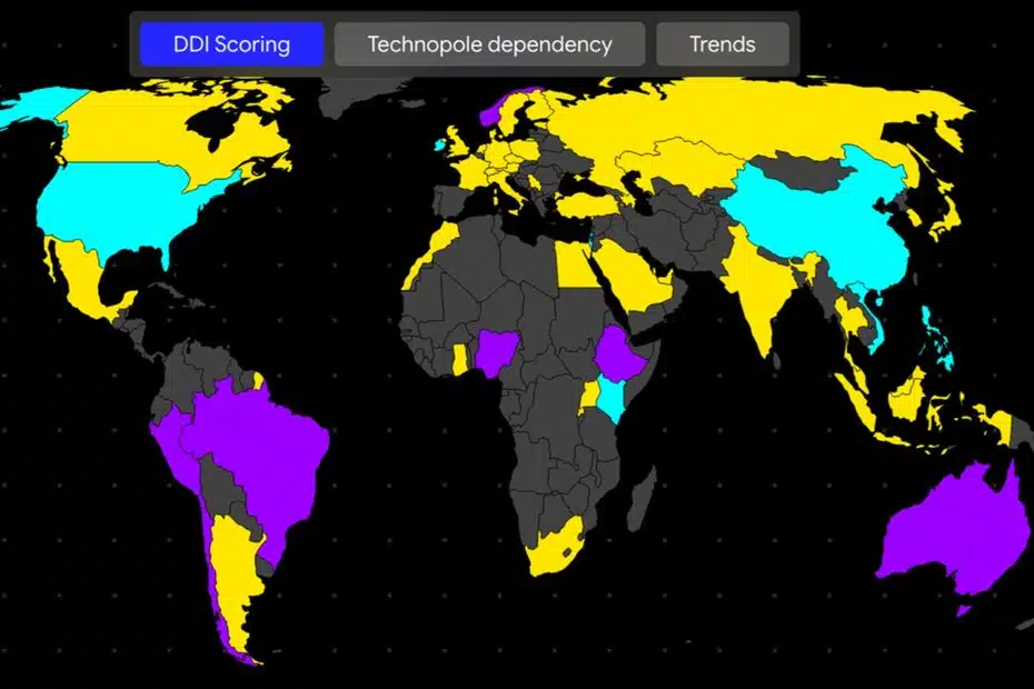 Mayer-Grafik2.jpg: Digital Dependency Index (DDI) skelner mellem tre afhængighedsniveauer. Størstedelen af DDI-landene ligger i et mellemstort afhængighedsområde (gult). Der er nogle lande med lav afhængighed (blå) og nogle lande med meget høj afhængighed (lilla). Billede: CASSIS/Uni Bonn • LabNews AI Globalt kort med lande farvekodet i cyan, gul, lilla og grå på en sort gitterbaggrund med faner øverst i brugergrænsefladen. DDI-scoring. Technopole-afhængighed. Tendenser.